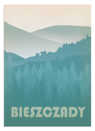 Sielski widok na Bieszczady o świcie słońca. Na tle gór widać siedlisko. Z gęstego lasu wyłania się jeleń. Plakat Bieszczady