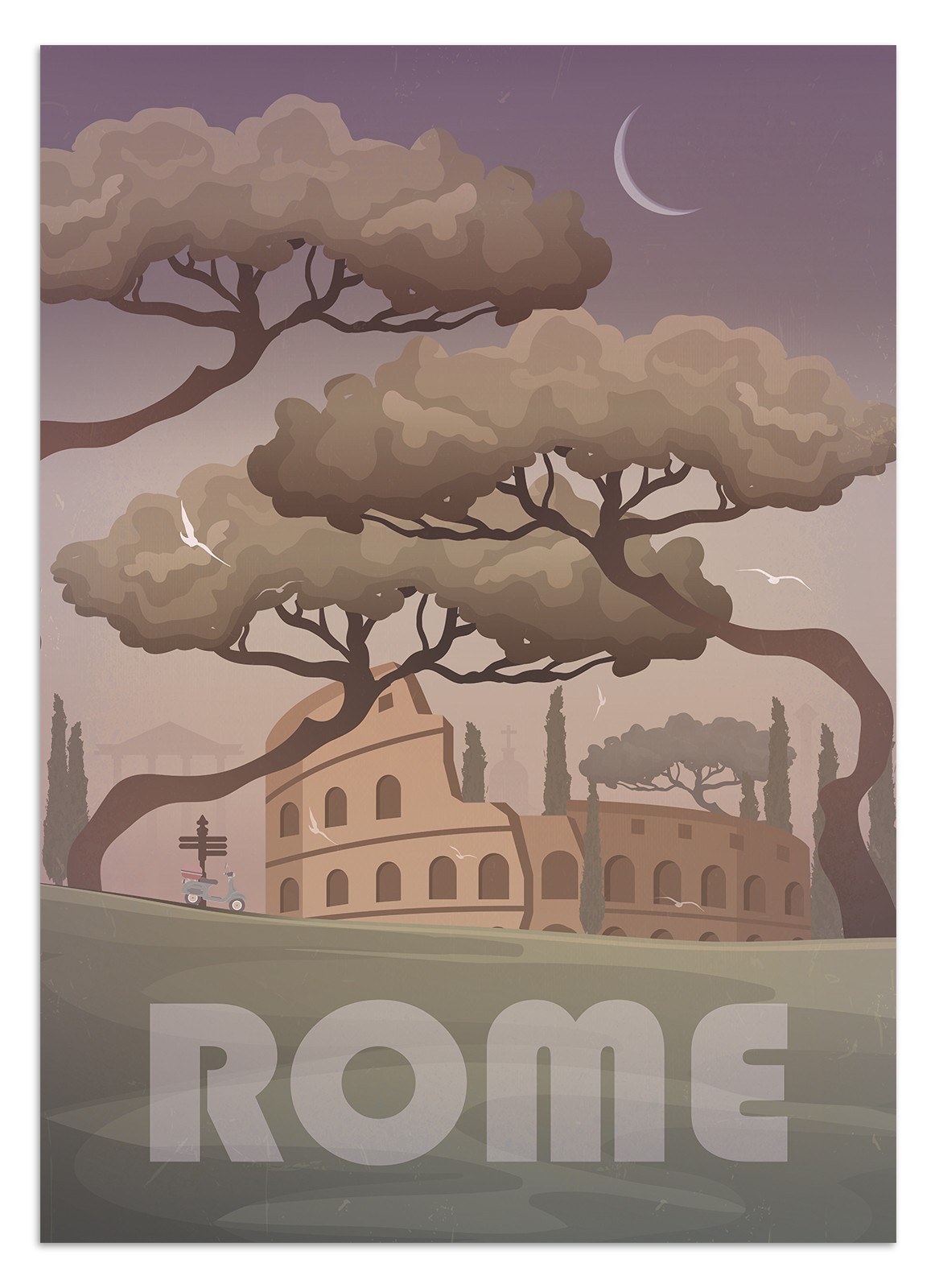 Letni wakacyjny wieczór w Rzymie z widokiem na Koloseum i inne zabytki Rzymu otoczone piniami i cyprysami. Na niebie widać księżyc i latające mewy