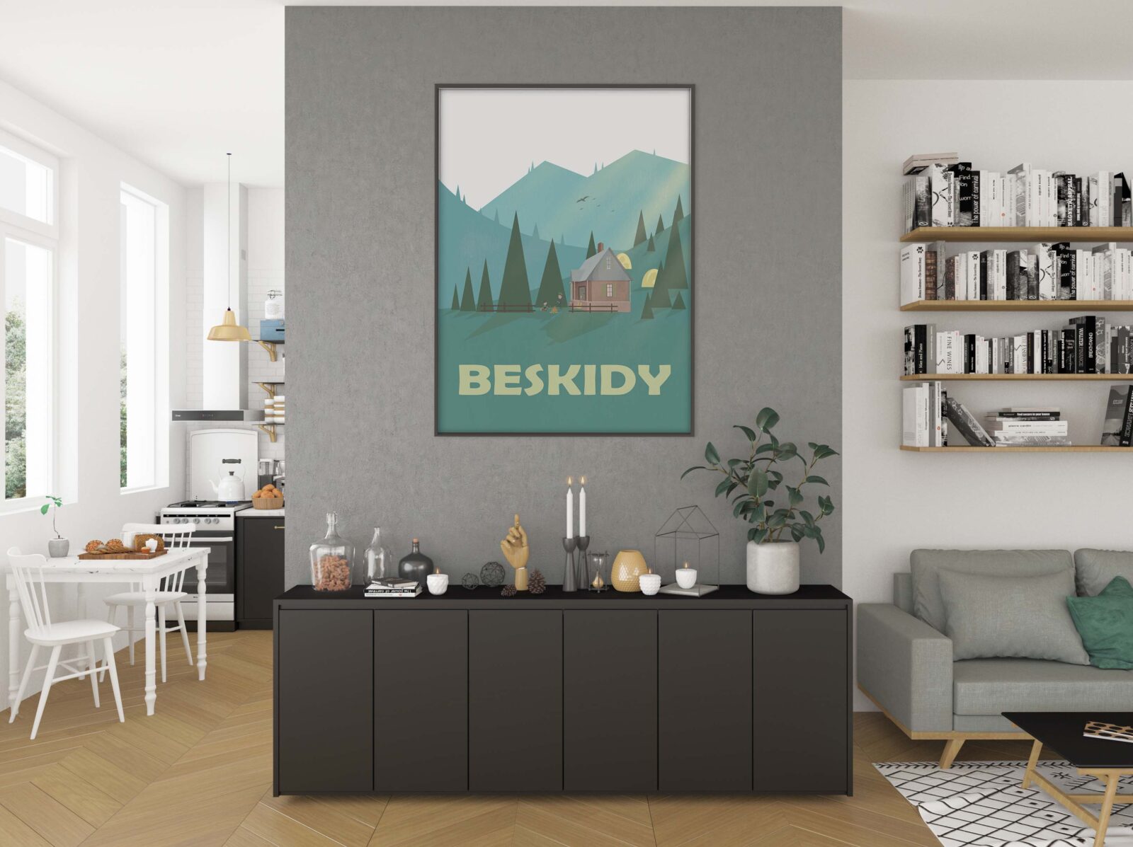 plakat beskidy wnętrza inspiracje dekoracje na ścianę czarna ściana kominek urban jungle