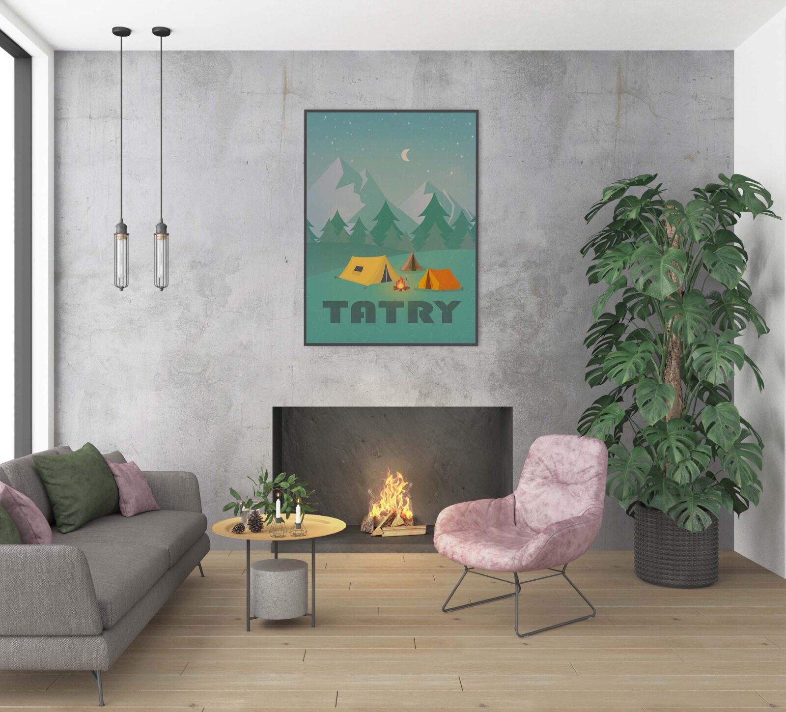 plakat tatry wnętrze kominek inspiracje wystrój wnętrz monstera dekoracje ścienne