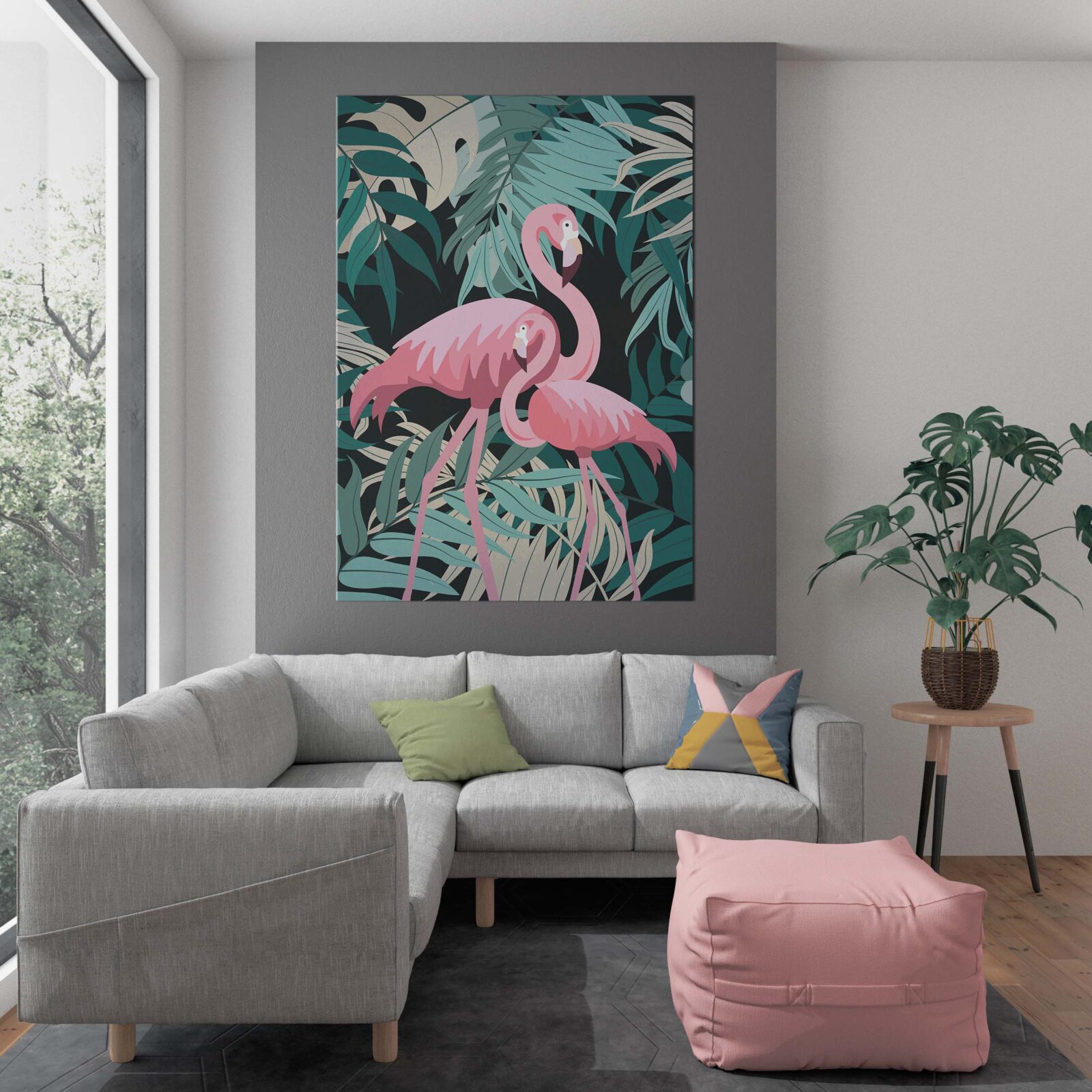 plakat flamingi tropiki lato monstera sklep z plakatami plakaty do wnętrz
