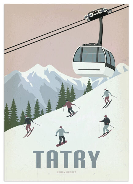 Plakat Tatry zima narty narciarze grafika retro vintage polskie góry stok narciarski wyciąg kolejka górska
