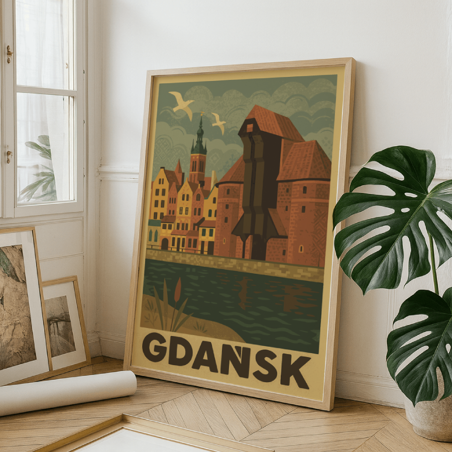 Plakat Gdańsk - grafika vintage Retro plakat Gdańsk w stylu vintage przedstawia jedno z najbardziej charakterystycznych miejsc miasta – Żuraw nad Motławą. To zabytkowy dźwig portowy z XV wieku, będący symbolem Gdańska i jednym z najstarszych tego typu obiektów w Europie. W tle widzimy malownicze kamienice Starego Miasta oraz strzelistą wieżę kościoła, które tworzą niepowtarzalną panoramę nabrzeża.