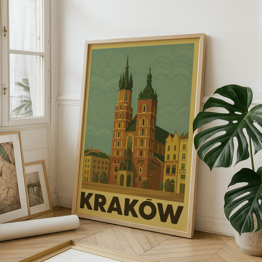Plakat Kraków przedstawia ikoniczny Kościół Mariacki – najważniejszą świątynię Starego Miasta i jeden z najbardziej rozpoznawalnych zabytków w Polsce. Dwie wieże bazyliki wznoszą się nad Rynkiem Głównym, a z wyższej z nich od średniowiecza co godzinę rozbrzmiewa hejnał mariacki – symbol Krakowa znany na całym świecie.