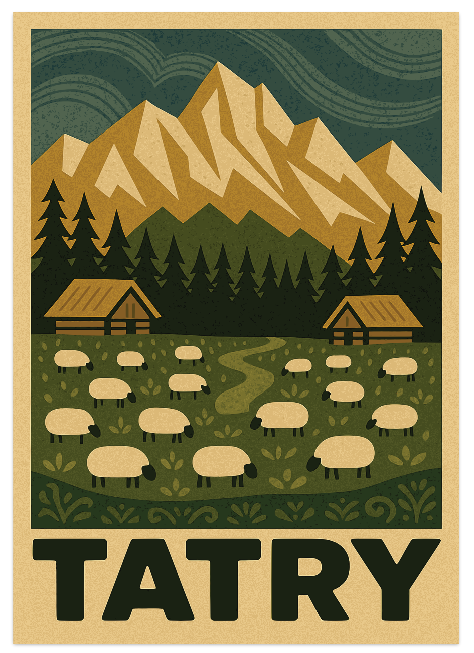 Plakat Tatry w stylu vintage przedstawia sielankowy krajobraz Podhala – zieloną polanę pełną owiec, tradycyjne drewniane szałasy pasterskie, gęsty świerkowy las i majestatyczne, złociste szczyty Tatr w tle. Całość utrzymana jest w klimacie dawnych plakatów turystycznych z połowy XX wieku, z charakterystycznym uproszczeniem kształtów i ciepłą kolorystyką.