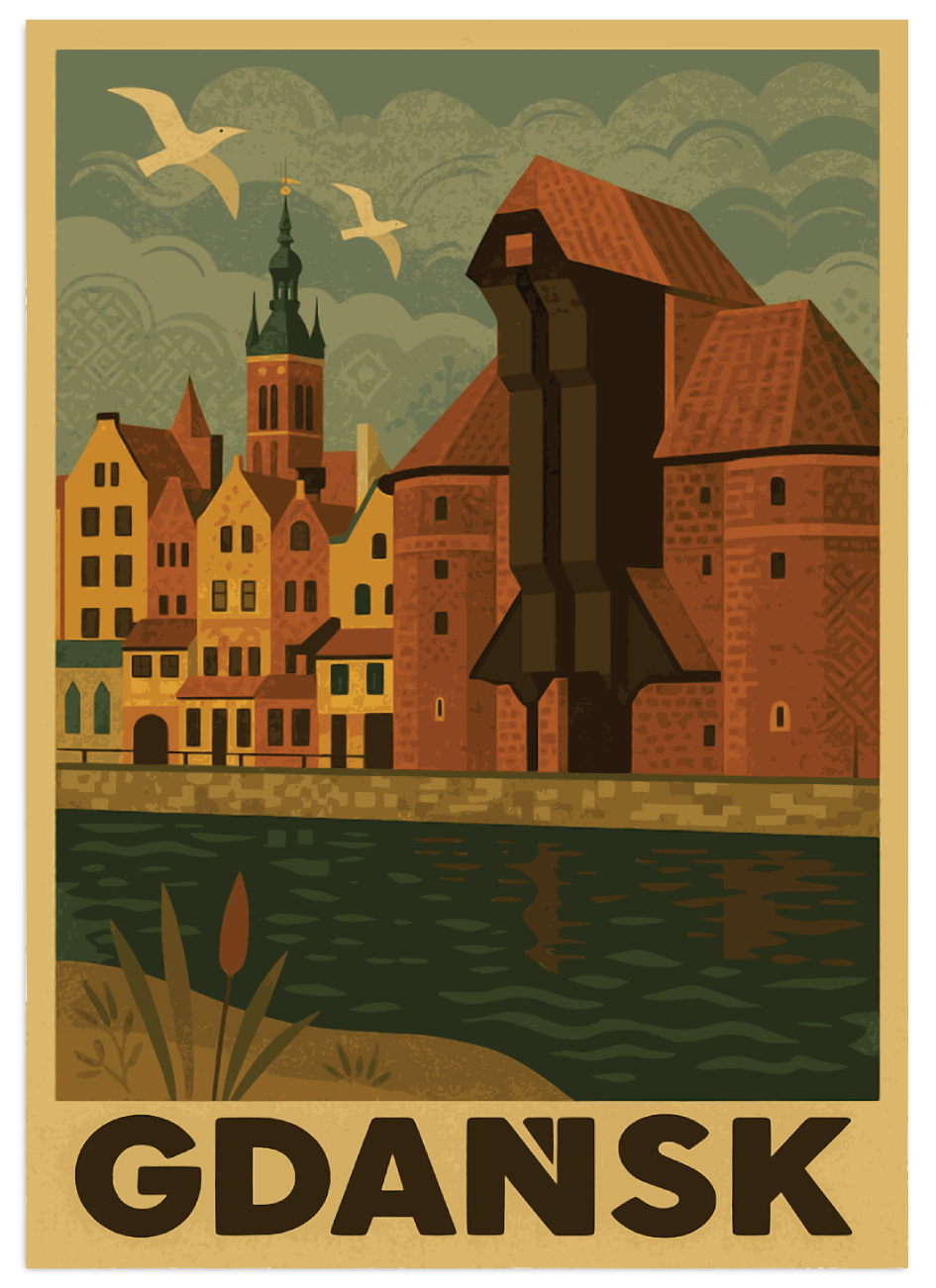 plakat Gdańsk w stylu vintage przedstawia jedno z najbardziej charakterystycznych miejsc miasta – Żuraw nad Motławą. To zabytkowy dźwig portowy z XV wieku, będący symbolem Gdańska i jednym z najstarszych tego typu obiektów w Europie. W tle widzimy malownicze kamienice Starego Miasta oraz strzelistą wieżę kościoła, które tworzą niepowtarzalną panoramę nabrzeża.