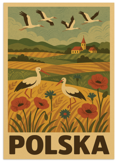 plakat Polska przedstawia esencję polskiego krajobrazu – kwitnące maki i chabry, złote pola zbóż, malownicze wzgórza oraz bociany, które od wieków są symbolem szczęścia i domowego ogniska. Nad wiejską panoramą unosi się stado bocianów, a w tle widać charakterystyczny kościółek i zabudowania. Całość utrzymana została w ciepłej, nostalgicznej kolorystyce nawiązującej do dawnych plakatów turystycznych w stylu vintage.