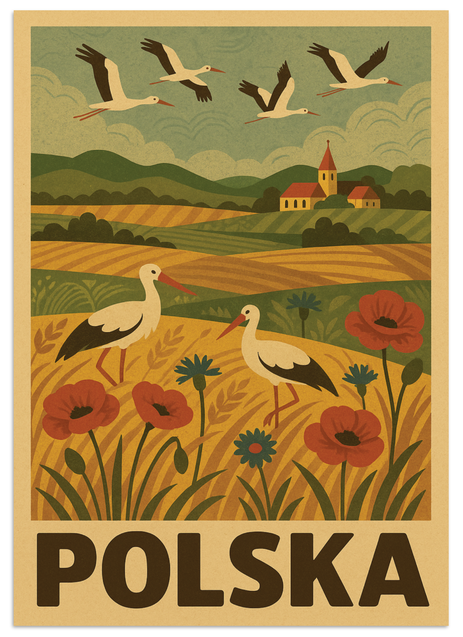 plakat Polska przedstawia esencję polskiego krajobrazu – kwitnące maki i chabry, złote pola zbóż, malownicze wzgórza oraz bociany, które od wieków są symbolem szczęścia i domowego ogniska. Nad wiejską panoramą unosi się stado bocianów, a w tle widać charakterystyczny kościółek i zabudowania. Całość utrzymana została w ciepłej, nostalgicznej kolorystyce nawiązującej do dawnych plakatów turystycznych w stylu vintage.