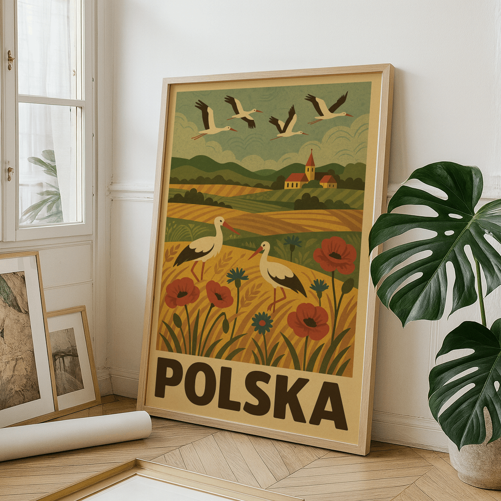 plakat Polska przedstawia esencję polskiego krajobrazu – kwitnące maki i chabry, złote pola zbóż, malownicze wzgórza oraz bociany, które od wieków są symbolem szczęścia i domowego ogniska. Nad wiejską panoramą unosi się stado bocianów, a w tle widać charakterystyczny kościółek i zabudowania. Całość utrzymana została w ciepłej, nostalgicznej kolorystyce nawiązującej do dawnych plakatów turystycznych w stylu vintage.