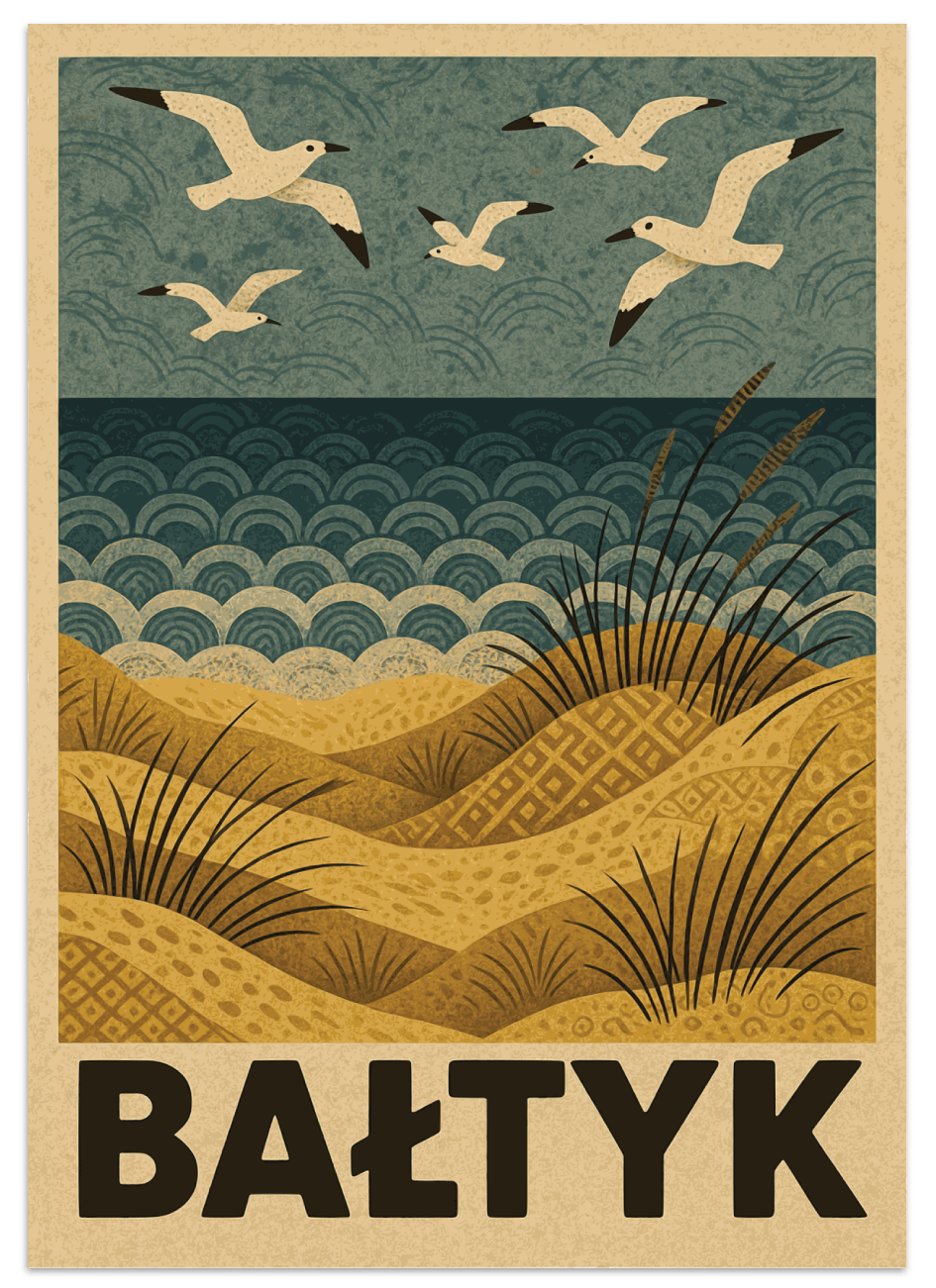 Plakat Bałtyk przedstawia malownicze nadmorskie wydmy porośnięte trawami, wzburzone fale i mewy szybujące nad morzem.