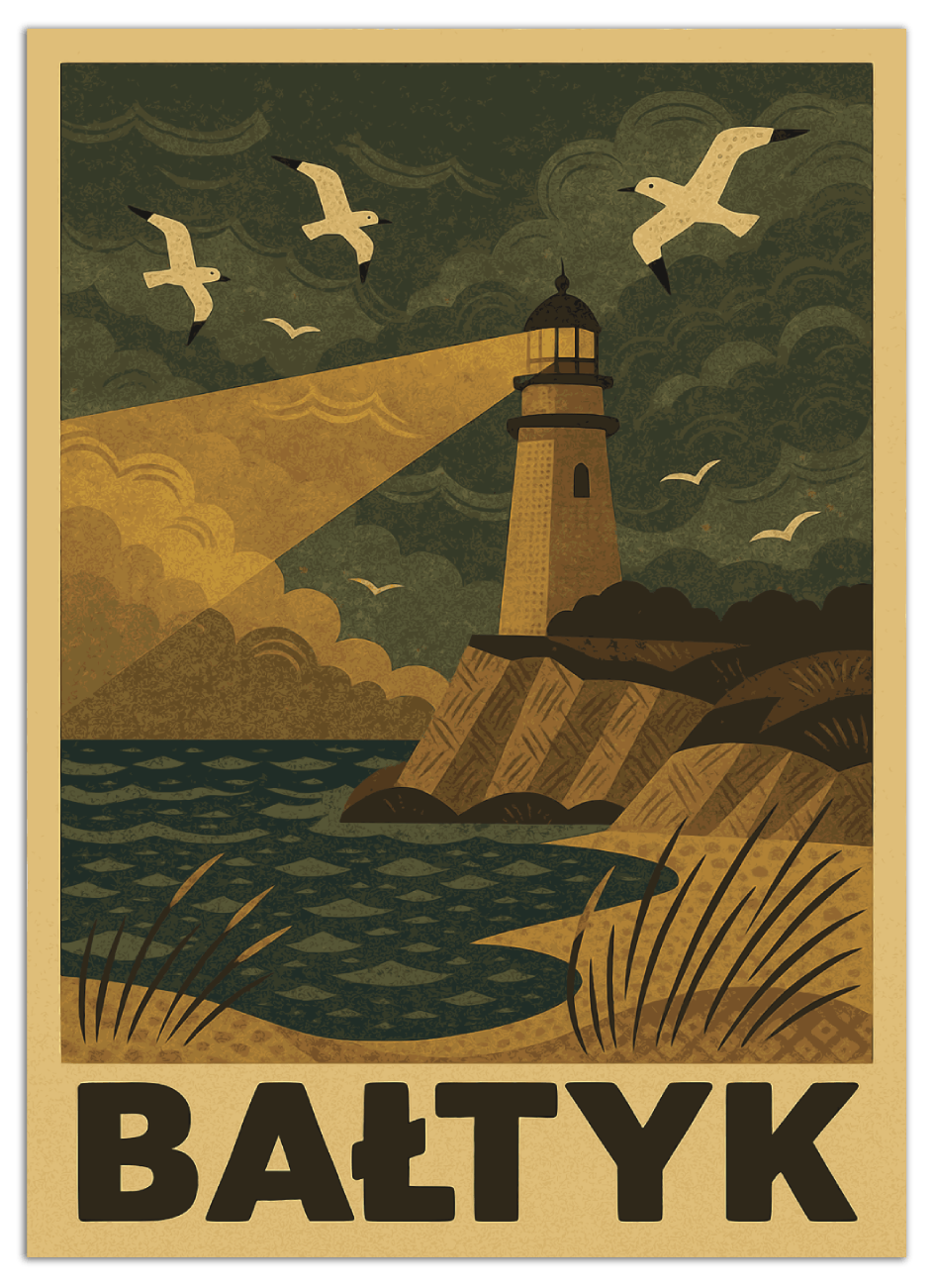 Plakat Bałtyk retro z latarnią morską – autorska grafika vintage do druku. Idealna dekoracja w marynistycznym stylu dla miłośników polskiego morza i podróży. Plakat turystyczny Bałtyk sprawdzi się jako ozdoba salonu, biura czy pensjonatu oraz jako unikalny prezent.