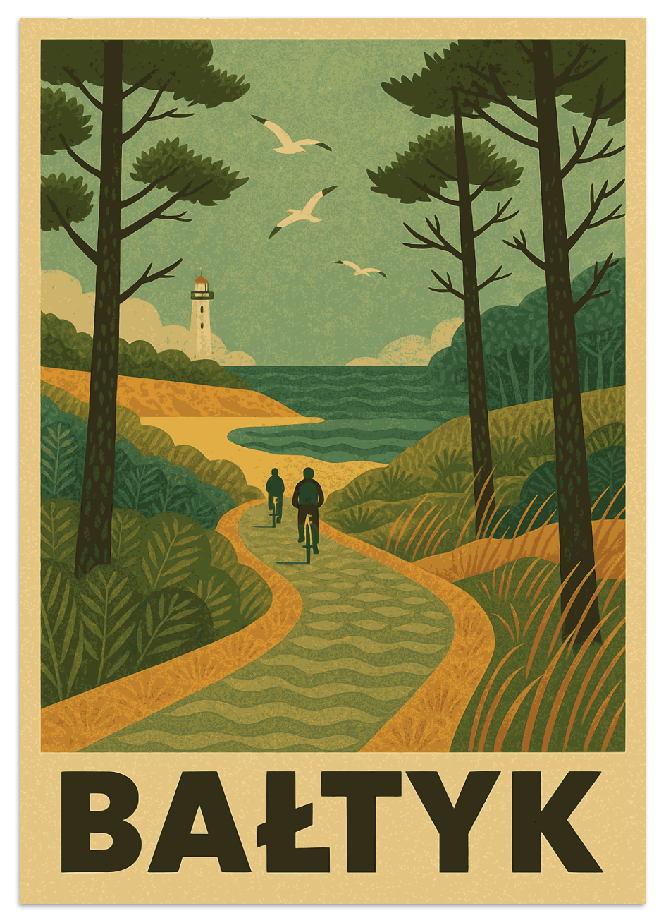 Plakat przedstawia malowniczą, stylizowaną scenę nadmorską – ścieżkę rowerową prowadzącą wśród wydm i sosnowych lasów ku morzu. Na pierwszym planie widzimy sylwetki rowerzystów, a w tle – latarnię morską i mewy szybujące nad Bałtykiem. Dominują kolory zieleni, żółci i błękitu, które oddają atmosferę nadbałtyckiego krajobrazu.
