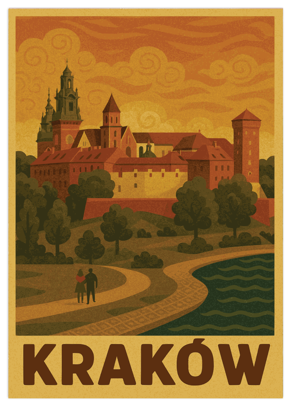 Autorska grafika przedstawia malowniczy widok na Wawel – jeden z najważniejszych symboli Polski, z zamkiem królewskim, katedrą i wieżami górującymi nad miastem. W tle widzimy zachmurzone niebo w ciepłej tonacji, a na pierwszym planie Wisłę i alejki spacerowe, którymi przechadza się para. Całość utrzymana w charakterystycznym stylu retro, nawiązującym do dawnych plakatów turystycznych.