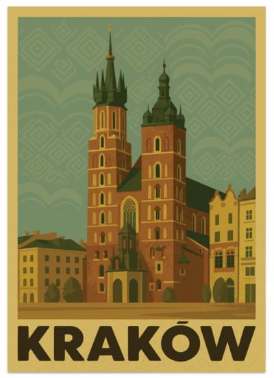 Plakat Kraków przedstawia ikoniczny Kościół Mariacki – najważniejszą świątynię Starego Miasta i jeden z najbardziej rozpoznawalnych zabytków w Polsce. Dwie wieże bazyliki wznoszą się nad Rynkiem Głównym, a z wyższej z nich od średniowiecza co godzinę rozbrzmiewa hejnał mariacki – symbol Krakowa znany na całym świecie.