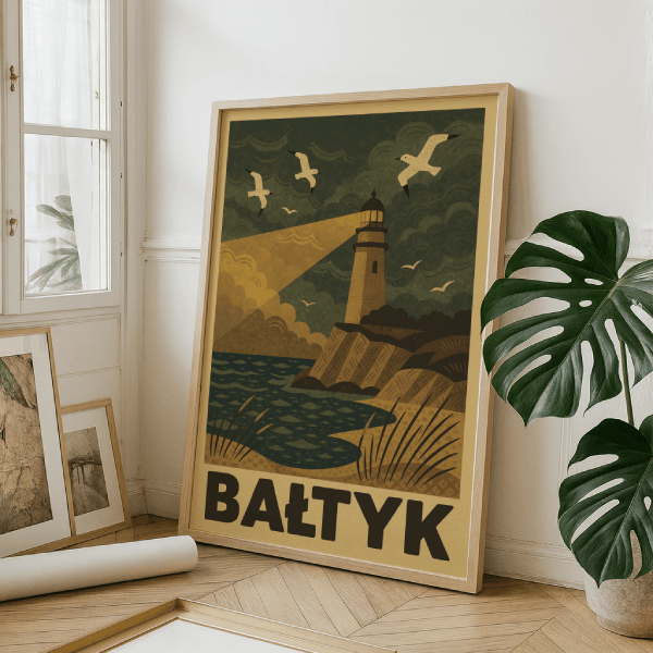 Plakat Bałtyk retro z latarnią morską – autorska grafika vintage do druku. Idealna dekoracja w marynistycznym stylu dla miłośników polskiego morza i podróży. Plakat turystyczny Bałtyk sprawdzi się jako ozdoba salonu, biura czy pensjonatu oraz jako unikalny prezent.